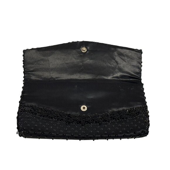 Vtg Black Beaded Satin Evening Clutch Micro Bead Flowers Snap Close Hong Kong - Picture 7 of 11